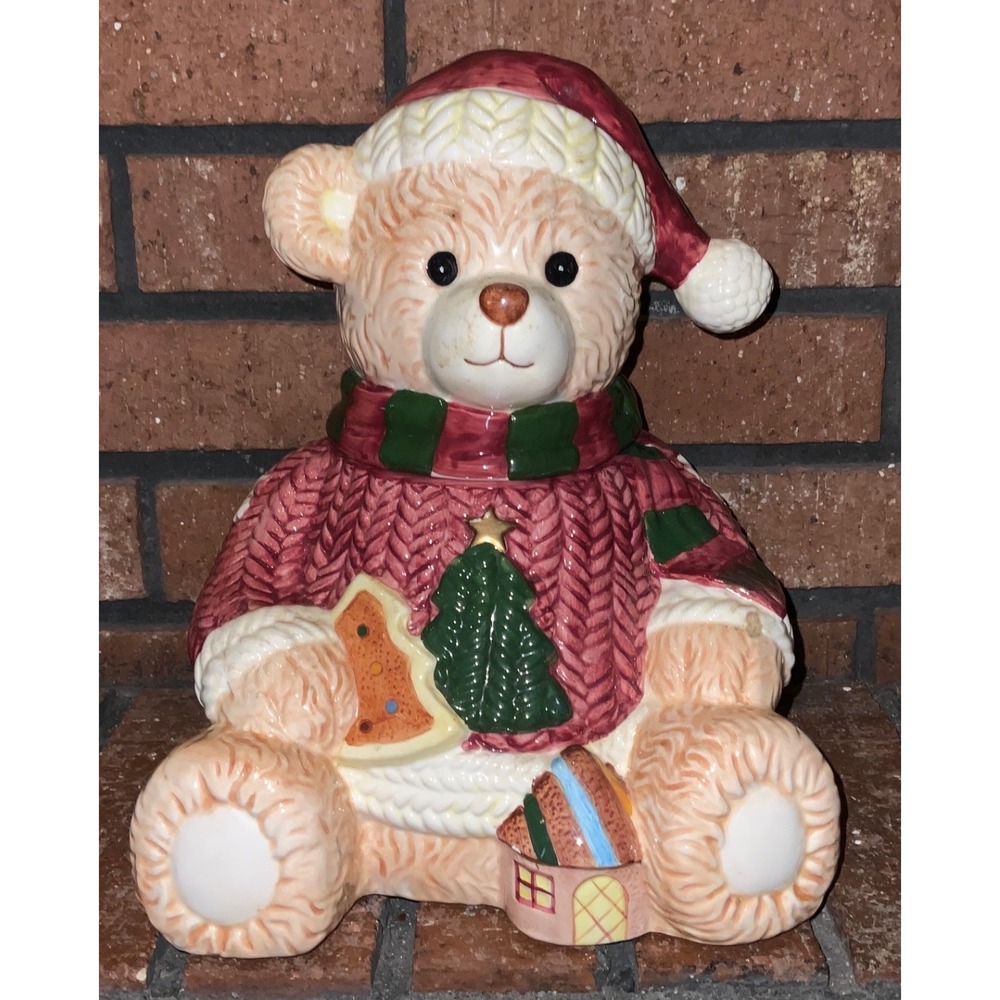 House of Lloyd‎ Vintage Christmas Teddy Bear Ceramic Cookie Jar Santa Hat 1996